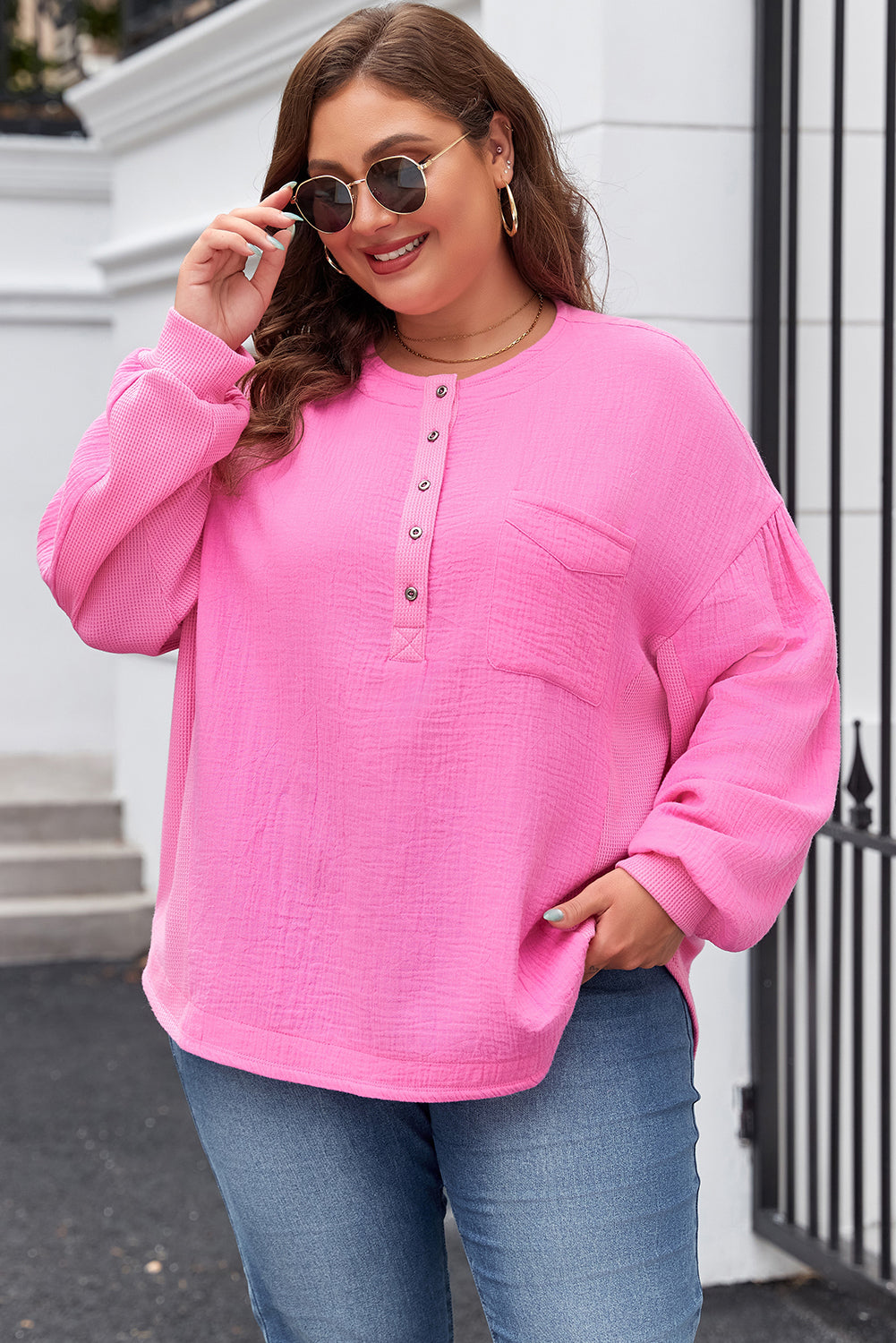 Candy Half Buttons Chest Pocket Dropped Sleeves Plus Size Top