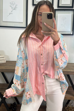 Large shirt tunic in pink striped floral patchwork