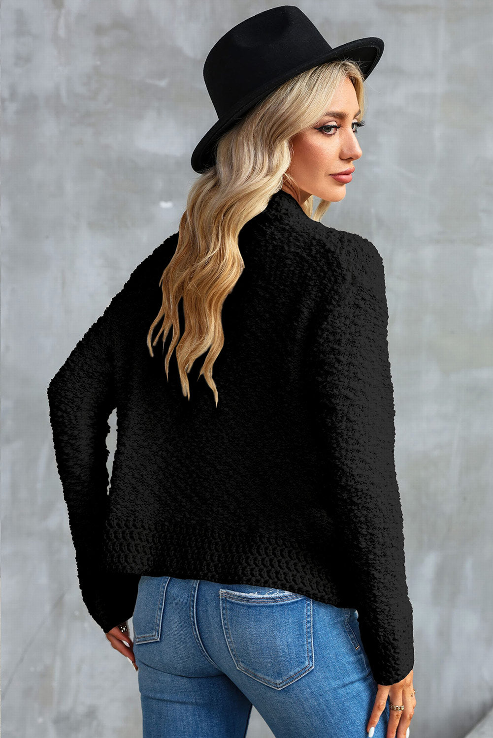 Cardigan noir ouvert sur le devant en tricot Popcorn