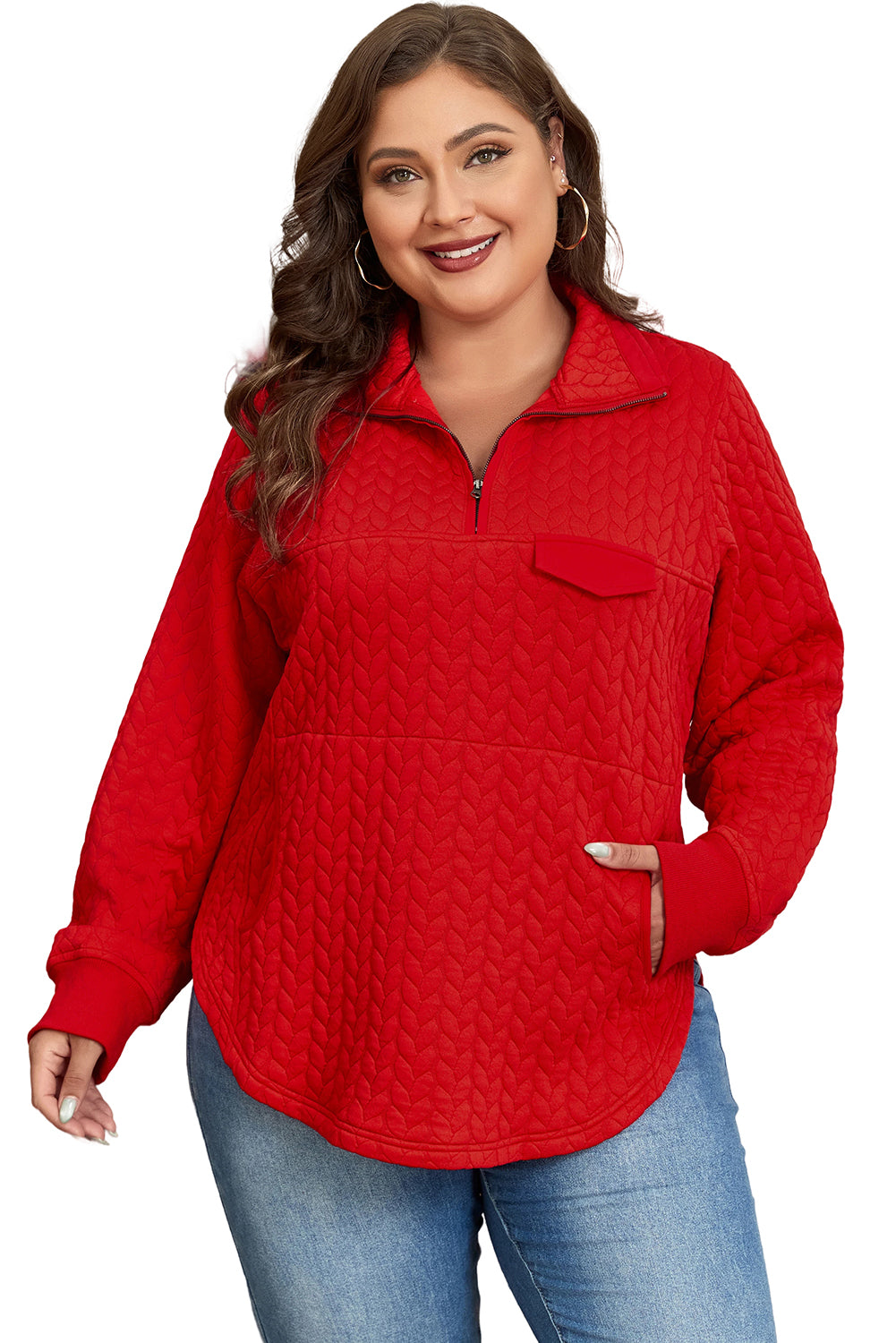 Tomato Red Cable Textured Sweater with Quarter Zip Pocket, Plus Size