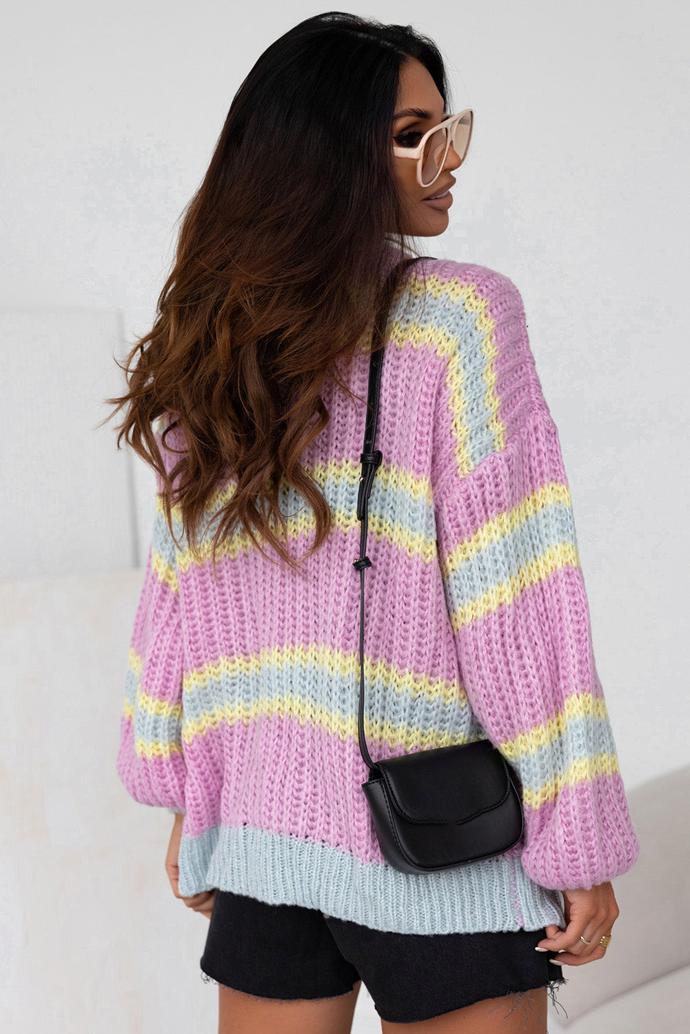 Pink Contrast Stripe Open Front Cable Cardigan