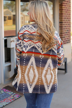 Oversized buttoned jacket with multi-colored Aztec print