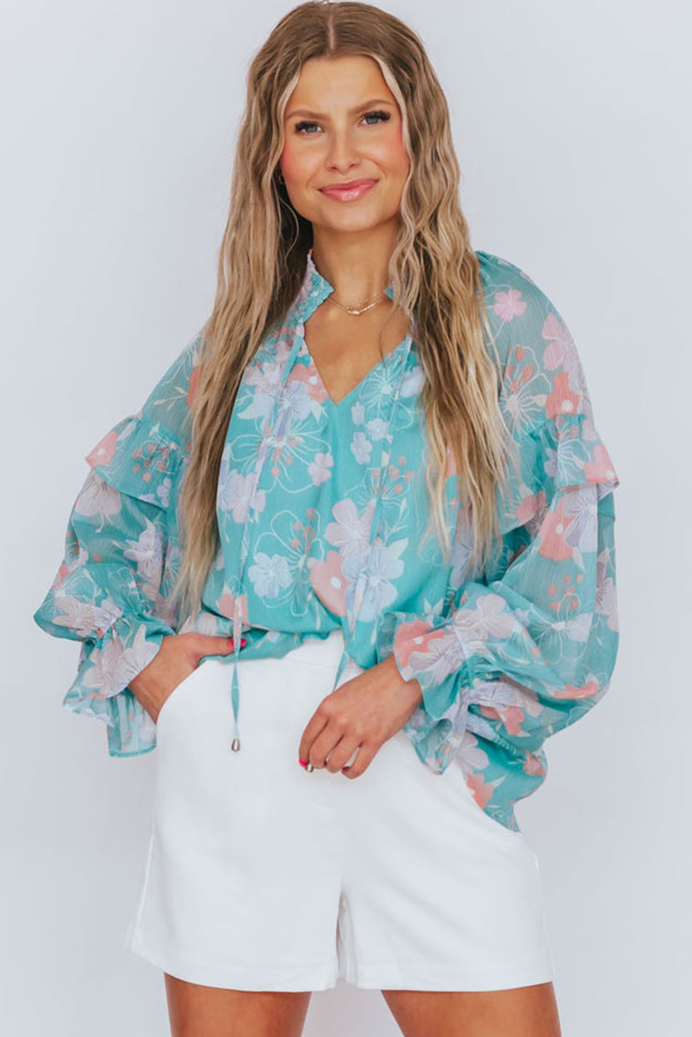 Himmelblauer Blumenbluse Split Hals Rürfen Bluse