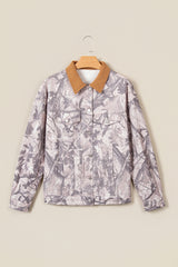 Gray Abstract Camo Print Colorblock Collar Oversized 100% Cotton Denim Jacket