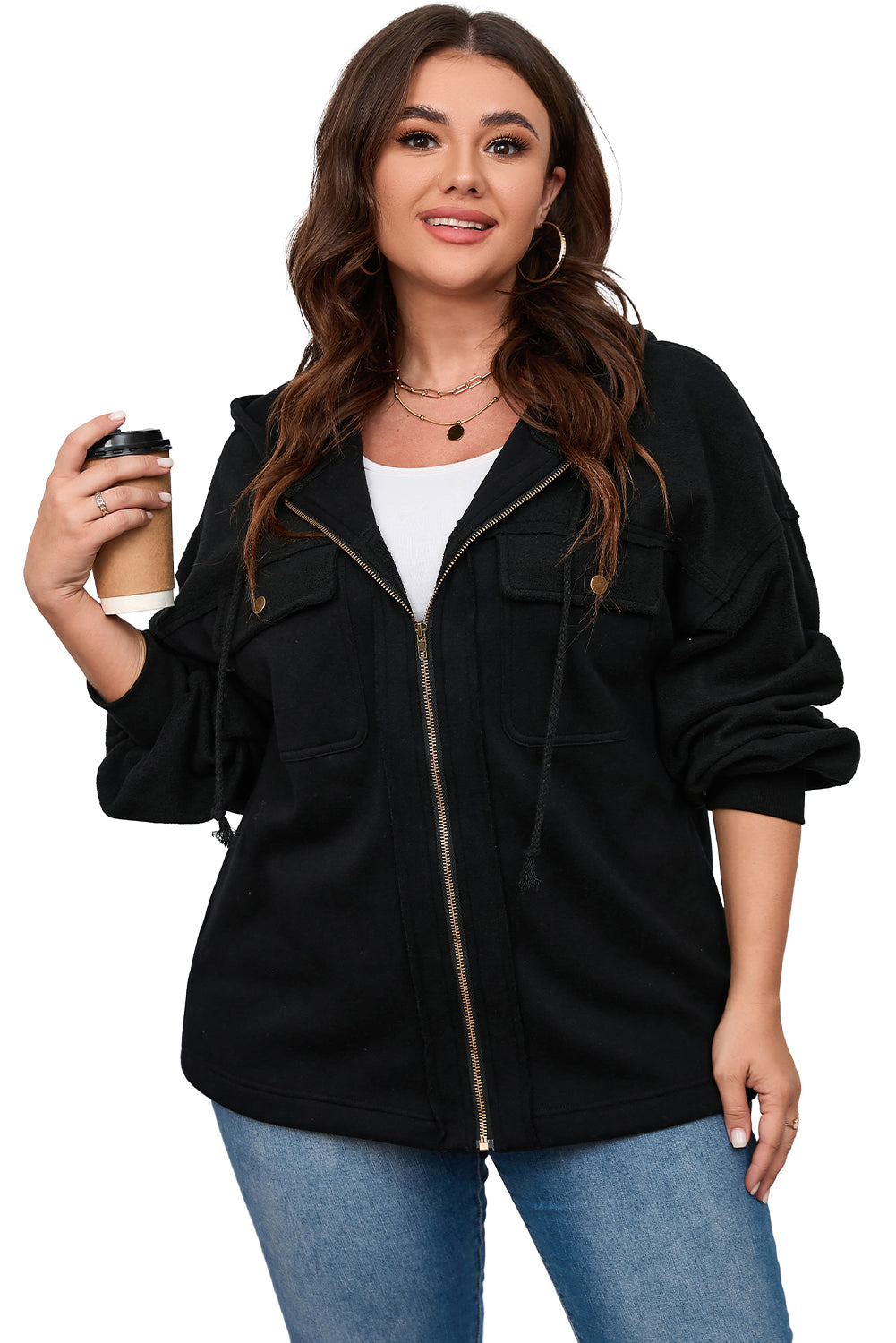 Black Plus Size Bishop Sleeve Zip Up Hotted Veste