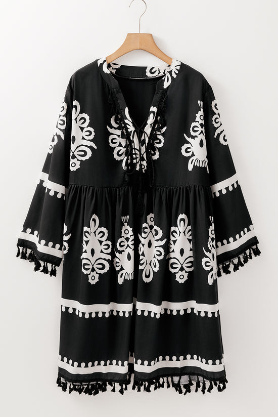 Robe noire à col en V à franges et imprimé floral occidental de grande taille