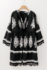 Black V -neck dress with fringes and large Western floral print