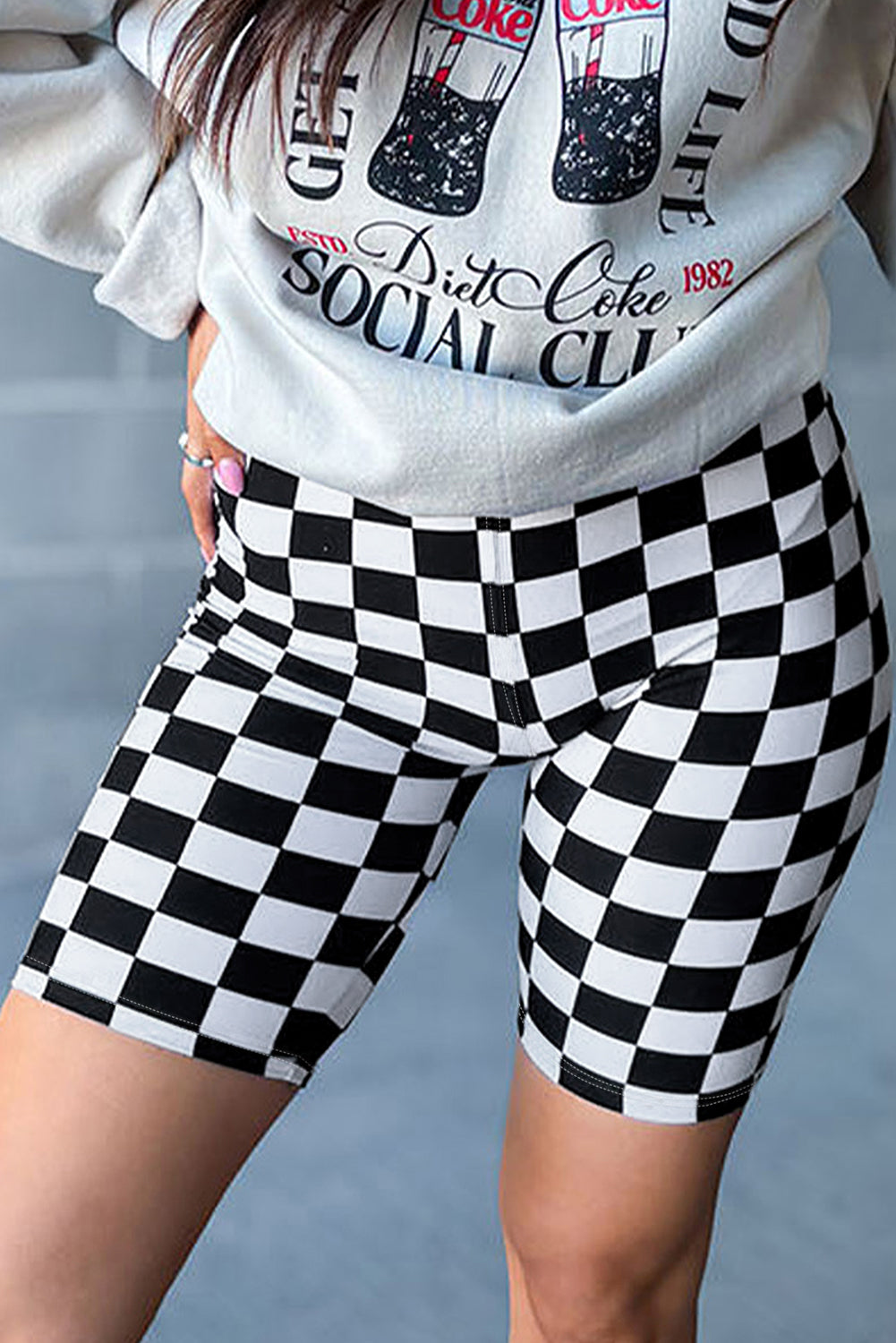 Short cycliste taille haute imprimé damier noir *