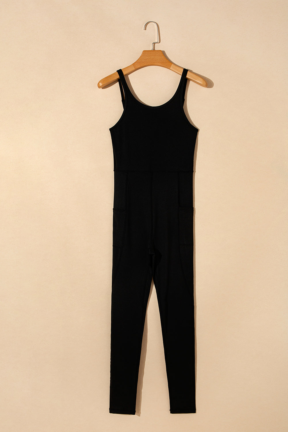 Black High Raise Backless Side Pockets Sports Jumps Suit