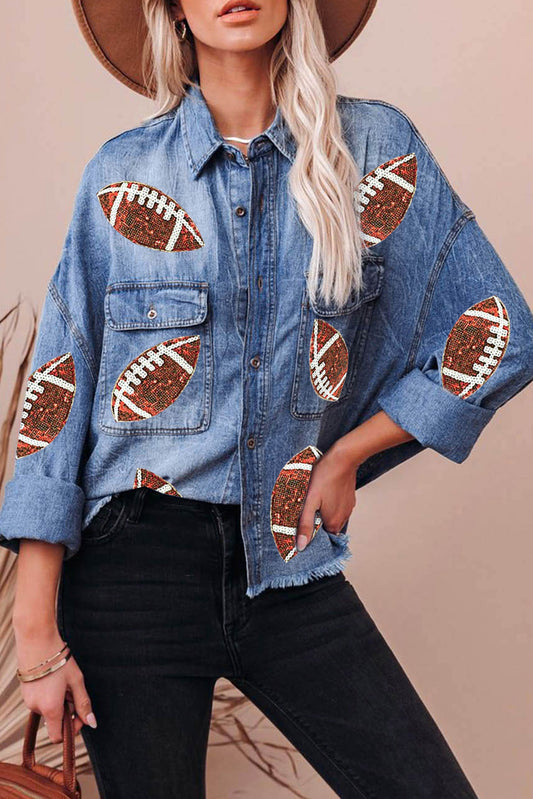 Sky Blue Sequin Denim Jacket with Flap Pockets and Raw Hem for Game Day