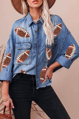 Veste en jean bleu ciel à sequins avec poches à rabat et ourlet brut pour le jour du match