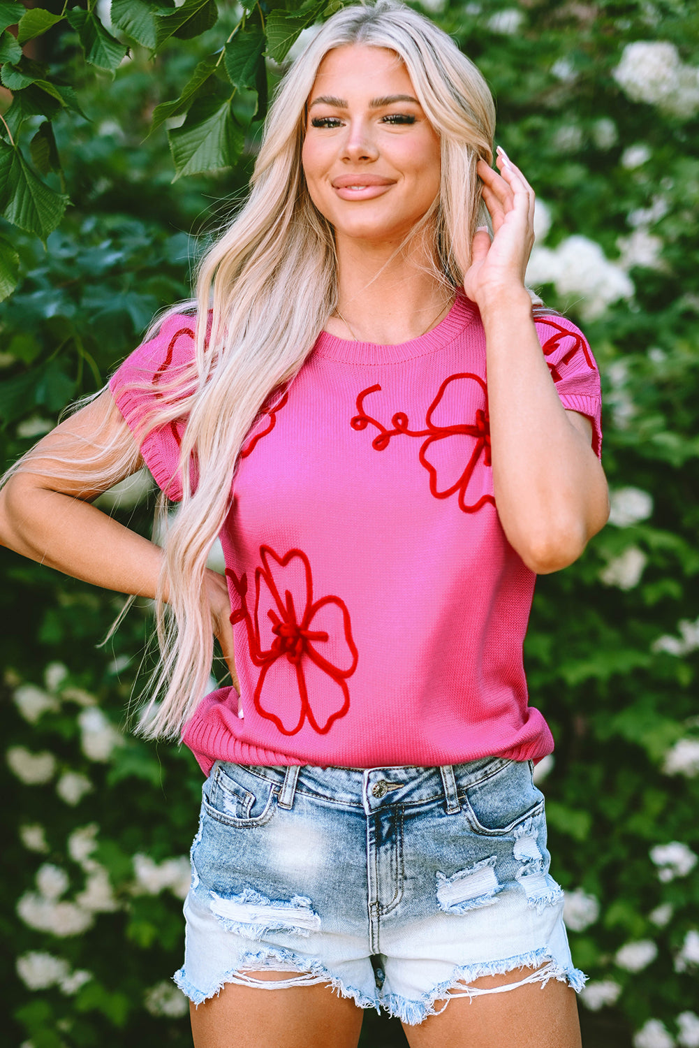 Bright Pink Corded Flower Embroidery Short Sleeve Knitwear Top-A WOMAN WE LOVE