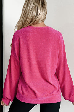 Rose Red Textured Long Sleeve V-Neck Top