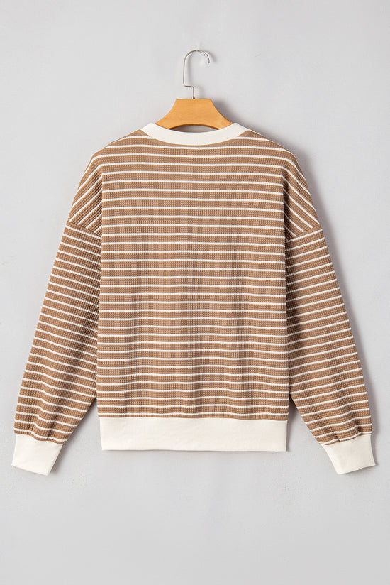 Khaki Textured Striped Crew Neck Long Sleeve Top with Patched Edges