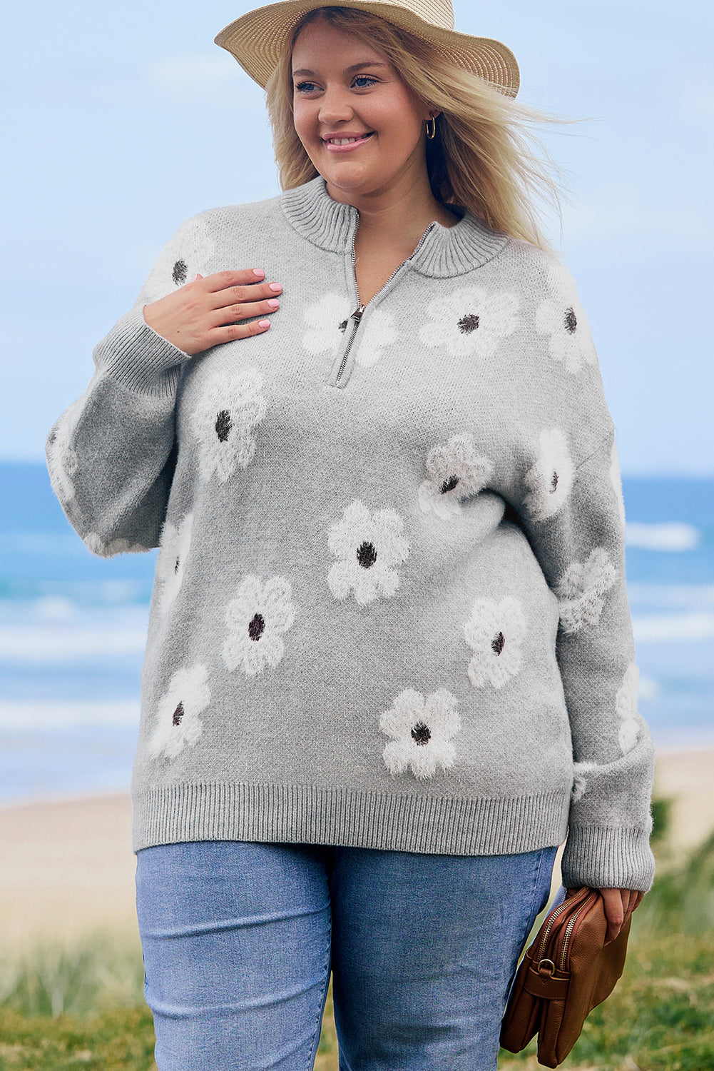 Pull Gris à Demi-Zip à Motif Floral Brodé Grande Taille