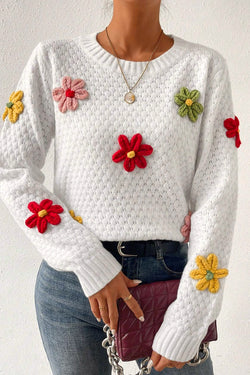 Pull en tricot texturé avec appliques de fleurs colorées blanches