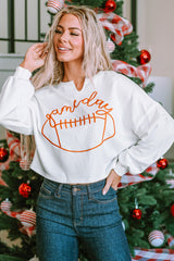 Sudadera blanca con cuello con muescas con inscripción "Día del juego" Fútbol de rugby