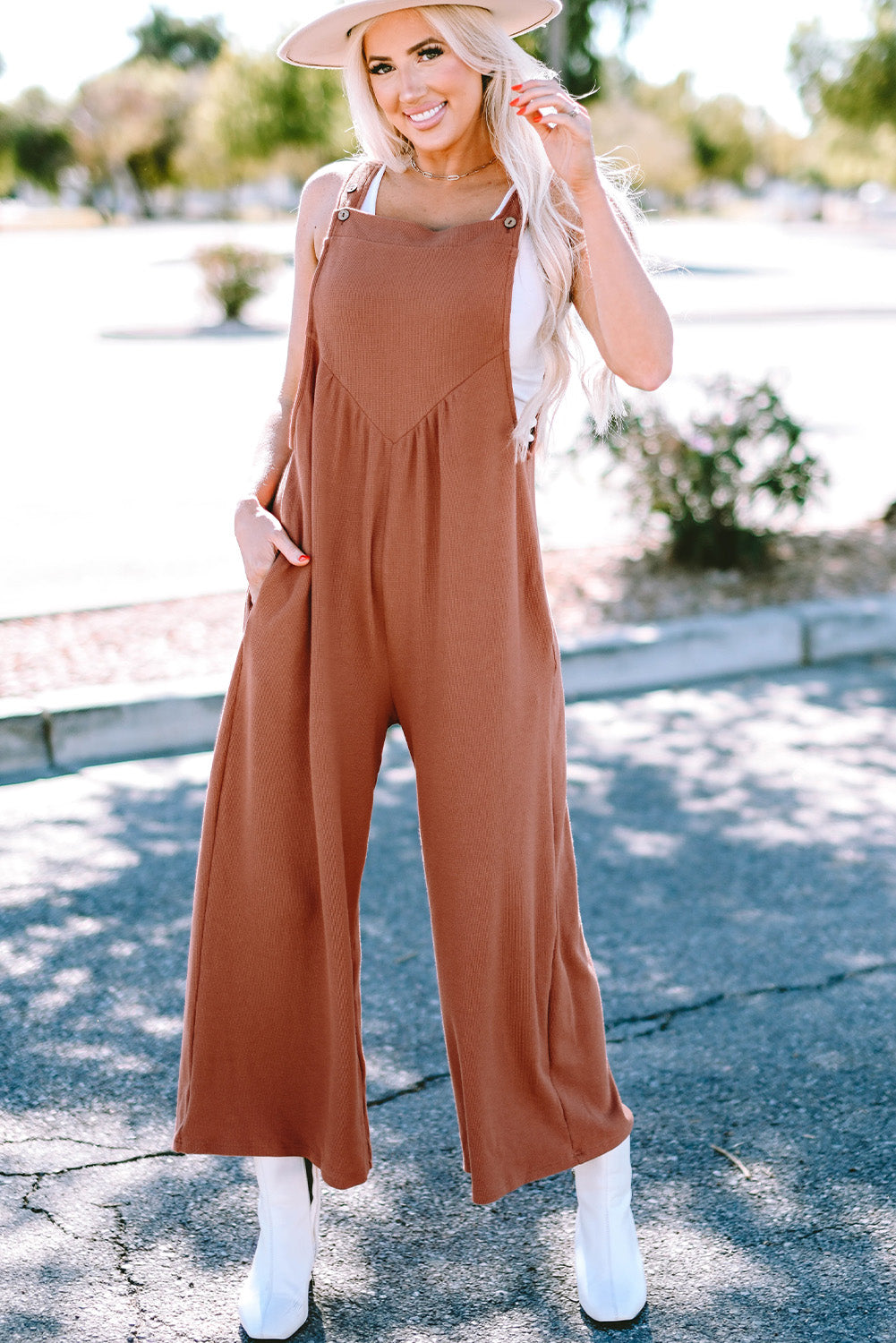 Gold Flame Textured Buttoned Strap Wide Leg Ruched Jumpsuit