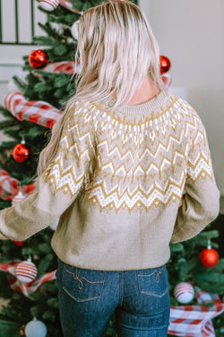 Grey Geometric Pattern Ribbed Crew Neck Sweater