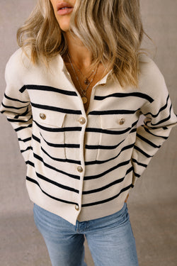 Black striped button cardigan with flap pocket