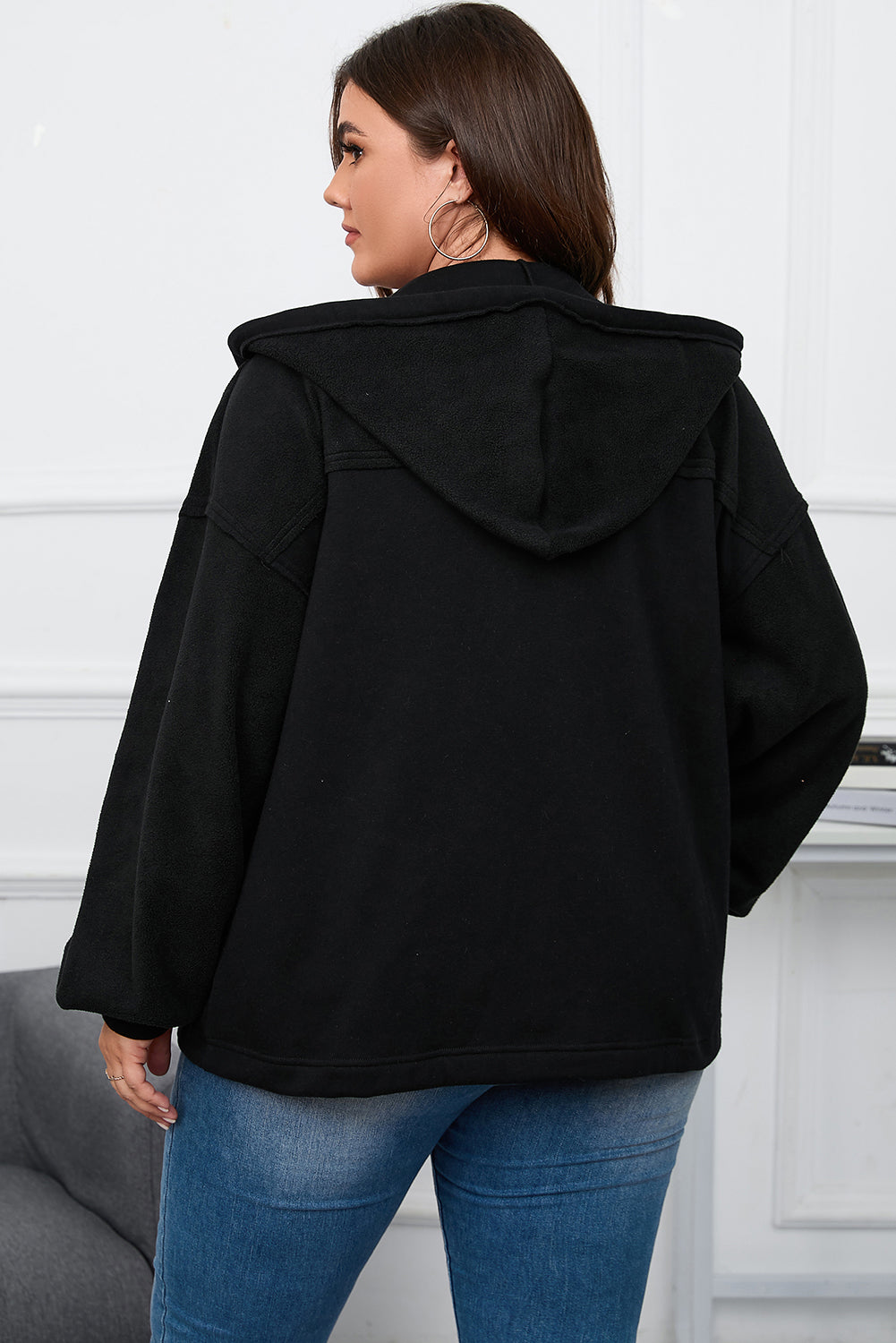 Black Plus Size Bishop Sleeve Zip Up Hotted Veste