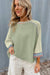 Meadow Mist Green Waffle Knit Wide Sleeve Patchwork Raglan Top