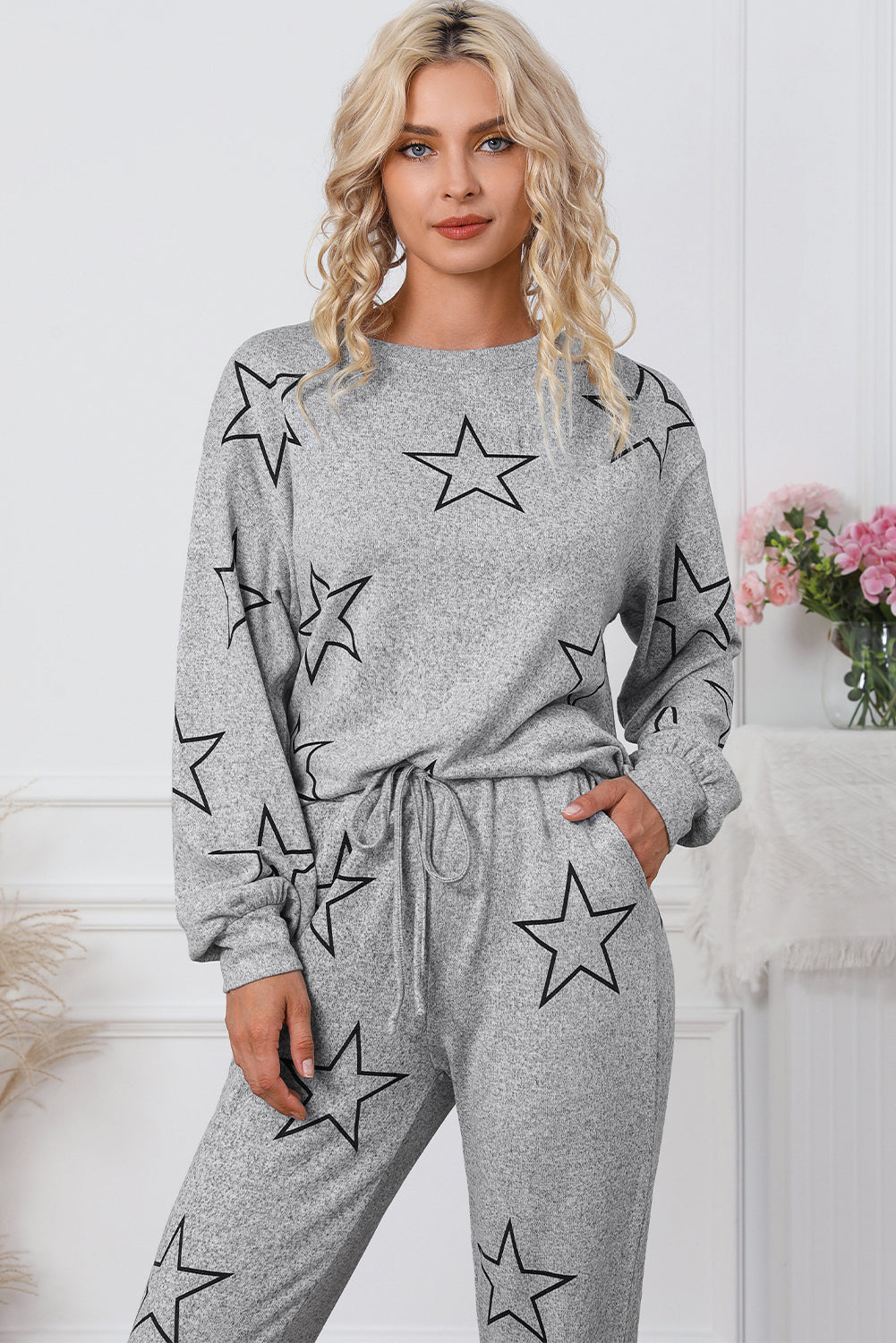 Gray Stars Print Long Sleeve Drawstring High Waist Lounge Set