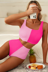 Maillot de bain bikini rose à cordons et col carré
