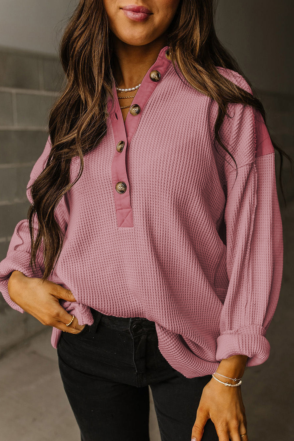 Pink waffle long sleeve half button loose top