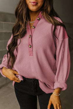 Pink waffle long sleeve half button loose top