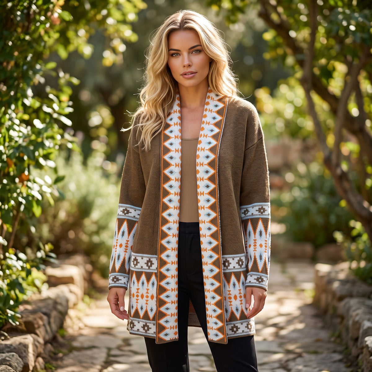 Brown knitted cardigan with aztec print open on the front