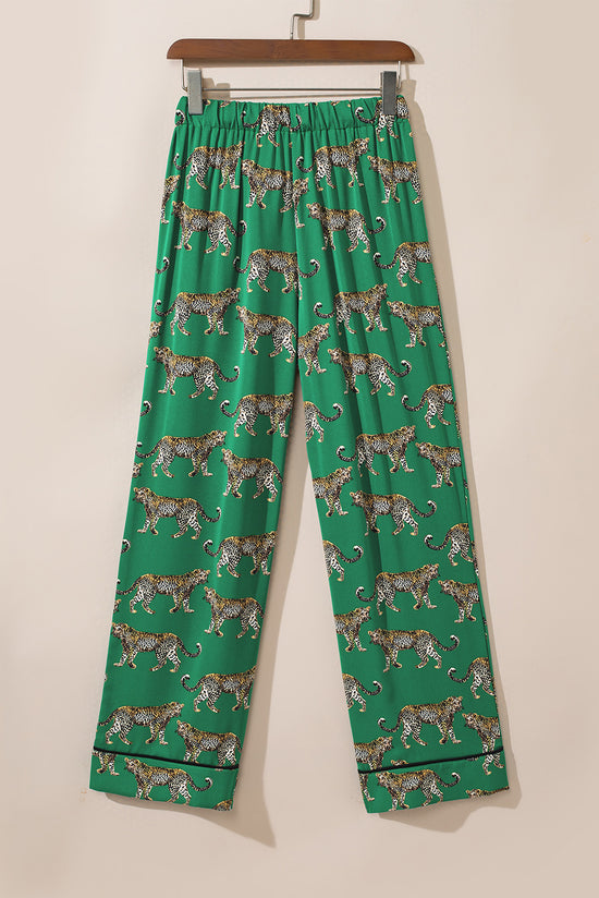 Green pajama set with short sleeve shirt and cheetah print pants