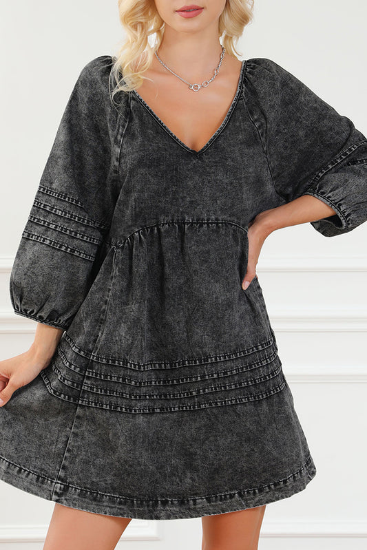 Black Pleated V Neck Puff Sleeve Denim Babydoll Dress