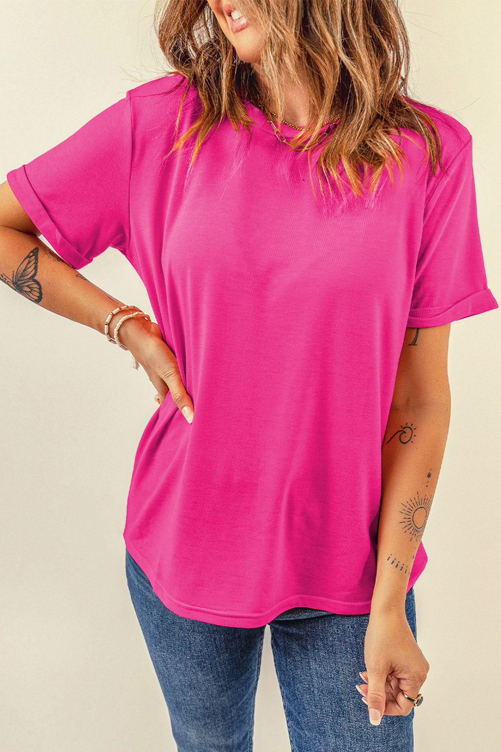 Rose Red Casual Plain Crew Neck T -Shirt