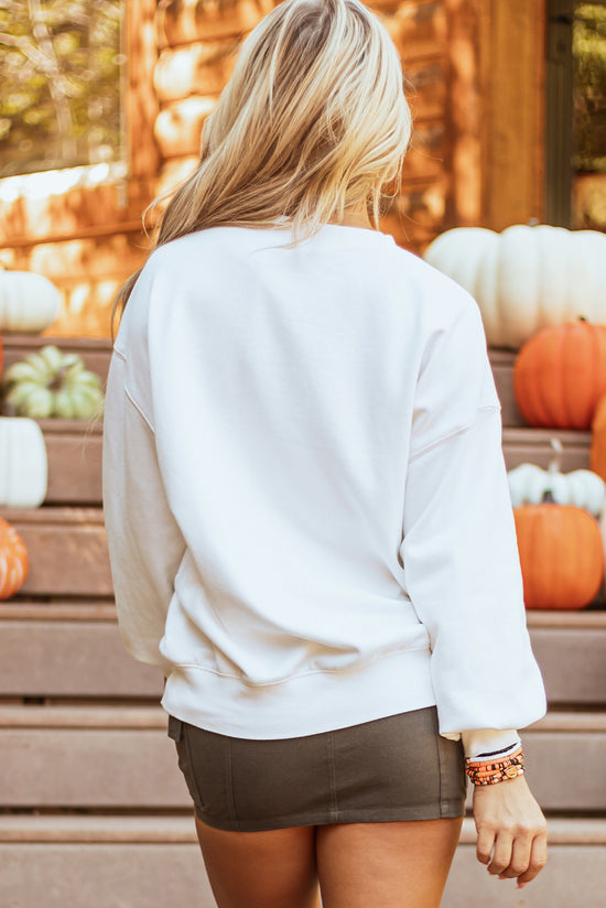 Sweat-shirt blanc à motif patché de citrouille d'Halloween en tissu éponge