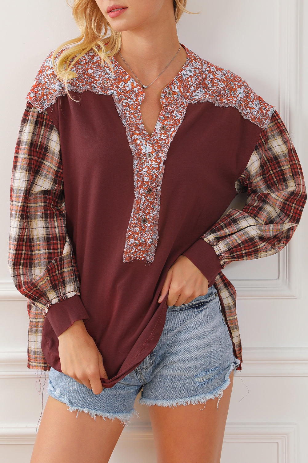 Fiery Red Floral Plaid Mixed Print Bishop Sleeve Patchwork Top