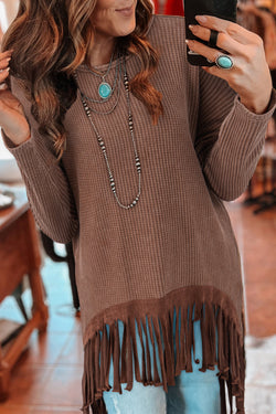 Coffee Waffle Knit Fringed Loose High Low Top