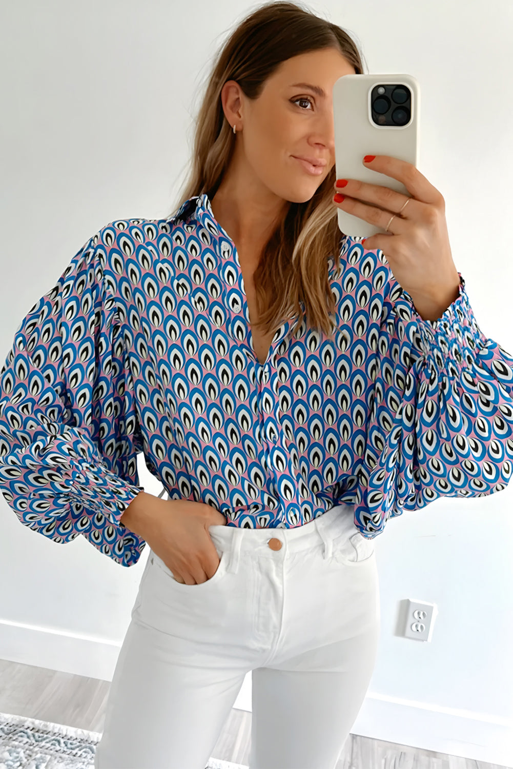 Sky Blue Abstract Print Shirred Cuff Buttoned Oversized Shirt