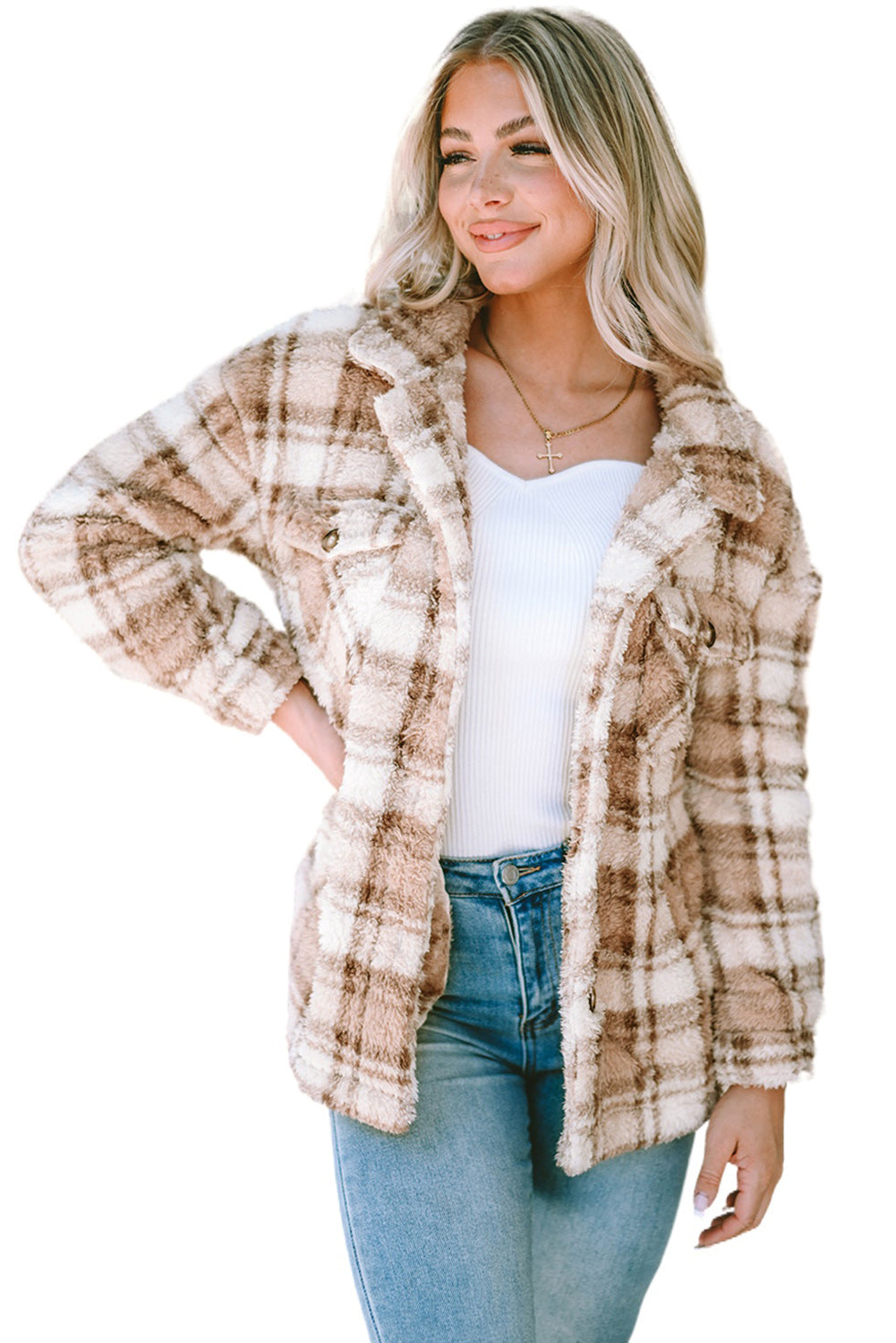 Khaki Sherpa Plaid Button Taschenjacke