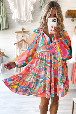 Multicolored geometric print ruffled slit neck mini dress