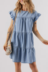 Robe en jean trapèze à volants et manches courtes Beau Blue