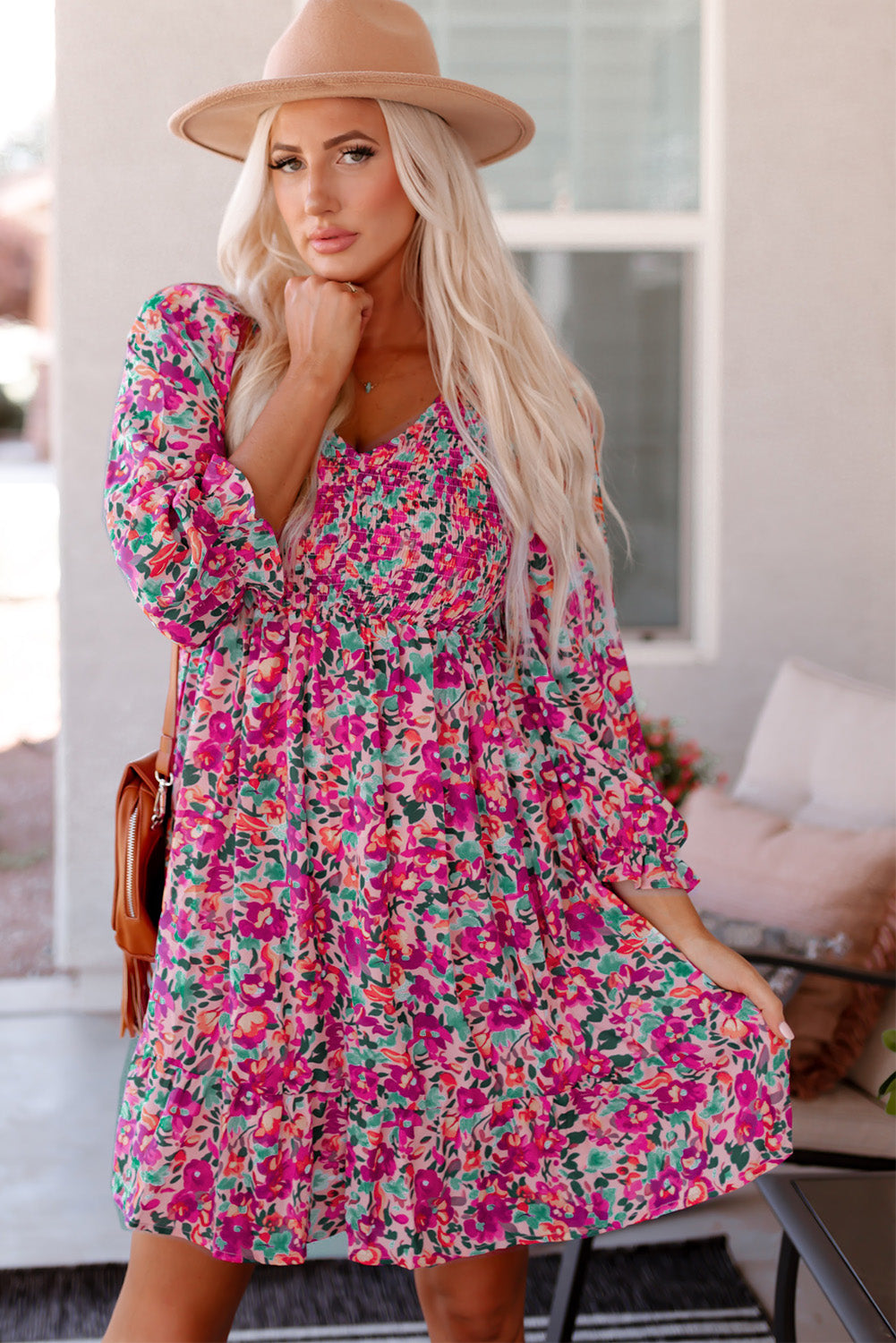 Purple Floral Smocked V-Neck Puff Sleeve Dress