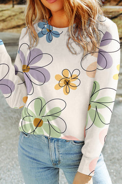 Beige long sleeve round neck t-shirt with floral print