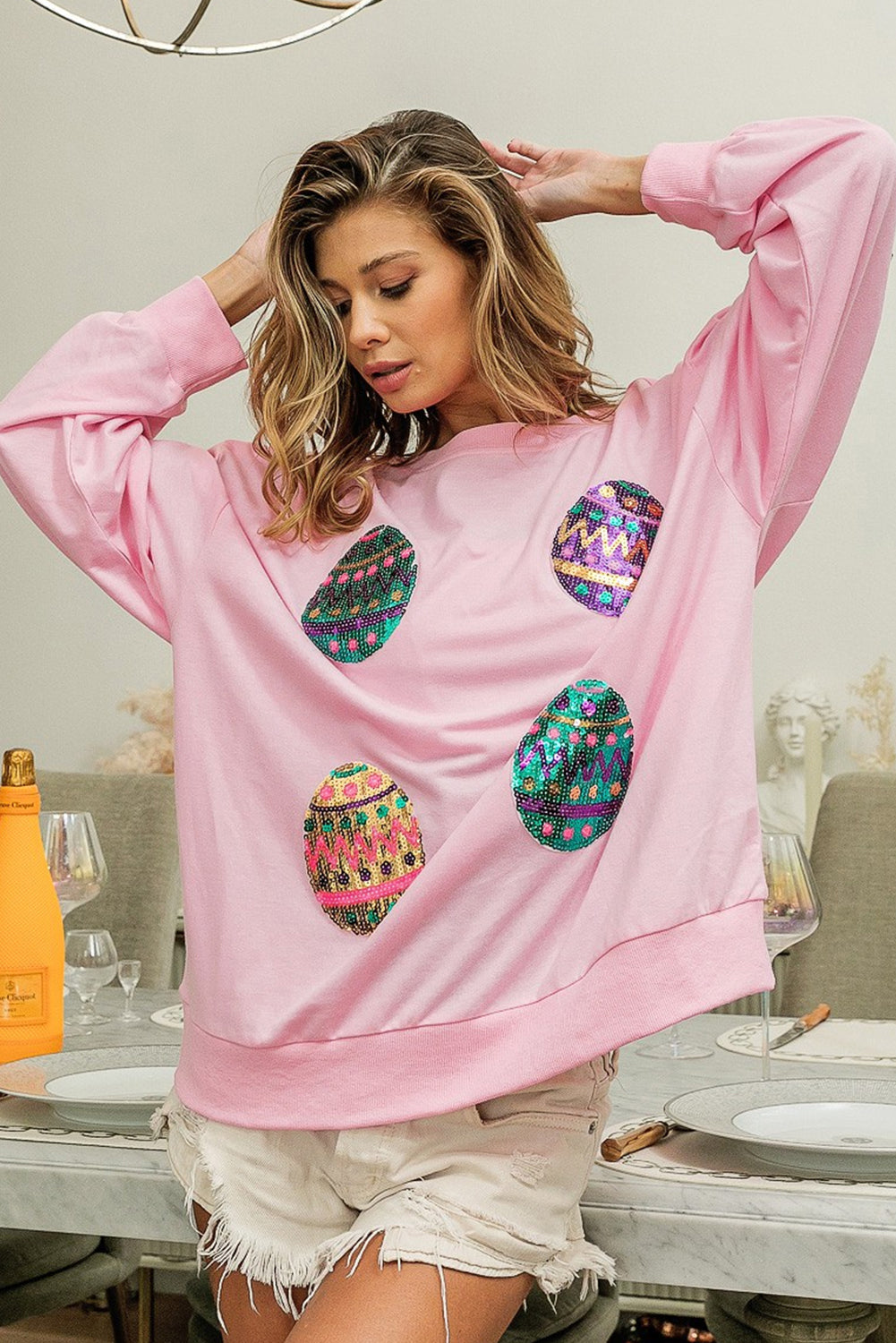 Pink Ostern Eggropfen Schulter übergroßes Sweatshirt