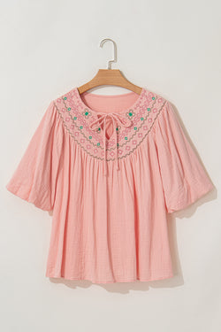 Puffy sleeve blouse and Apricot pink geometric spindle collar