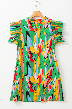 Mini-abstract print red and ruffle neck and green ruffle sleeves