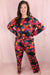 Black Long Sleeve Lounge Set with Plus Size Printed Pants