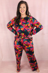 Ensemble de salon noir à manches longues et pantalon imprimé de grande taille-A WOMAN WE LOVE