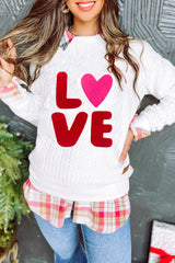 White sweatshirt in twisted knitting embroidered love caterpillar