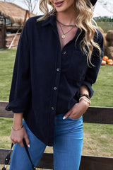 Chemise à poche boutonnée en velours côtelé bleu foncé-A WOMAN WE LOVE